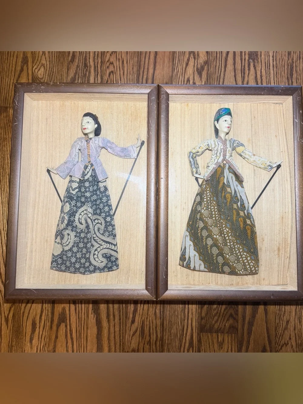 2 VTG Original Handmade Golek Wayang Indonesia Asian Stick Puppets Shadowbox